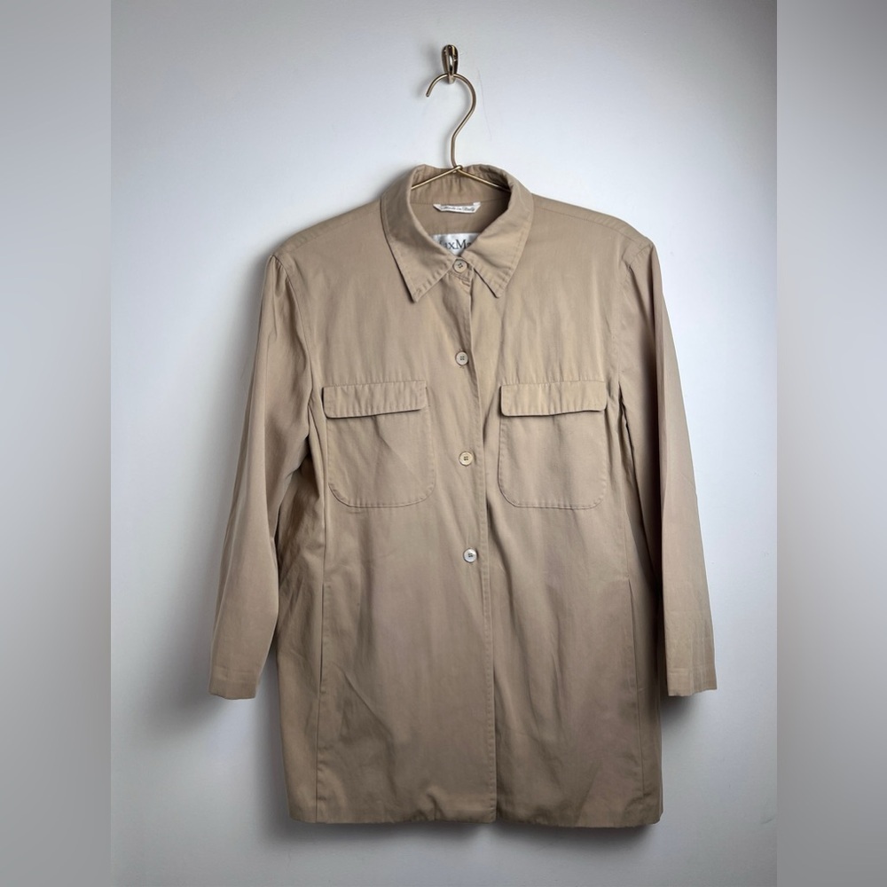 Max Mara utility button down tan Shirt Italy size 8 custom brooch